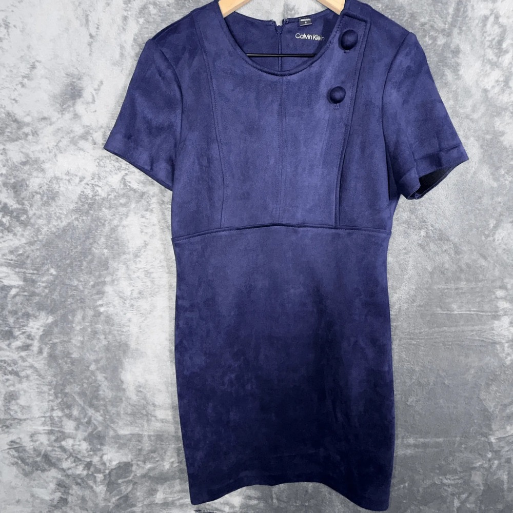 Calvin Klein Womens Sheath Dress Size 8 Navy Blue Faux Suede Button Accent‎